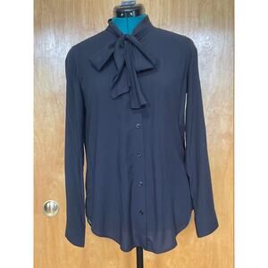 Uniqlo Black Rayon Bow Tie Button Down Blouse S